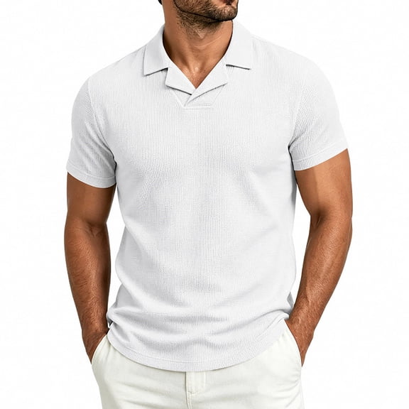 Qiyinn Mens Polo Shirts Short Sleeve Textured Knit V Neck Shirt Casual Golf Shirts Stylish Old Money Tops