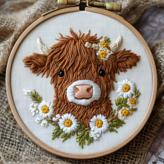 DIY Punch Needle Kits for Beginners Cute Highland Cow and Daisy Flowers with Hoop Embroidery Punch Needle Starter Set Easy for Adults and Kids Festival Gift and Decor 20x20cm-1