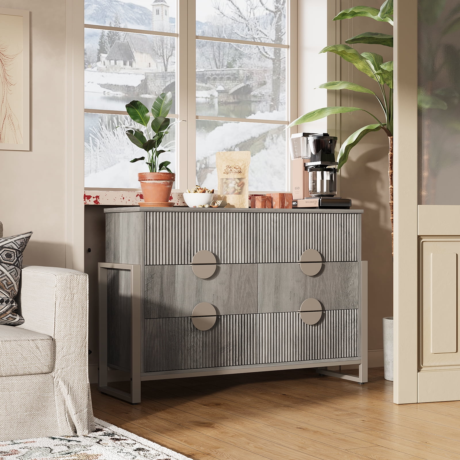 Holliwill 6 Drawer Dresser for Bedroom, Fluted Dresser Chest of Drawers for Living Room, Hallway, Gray