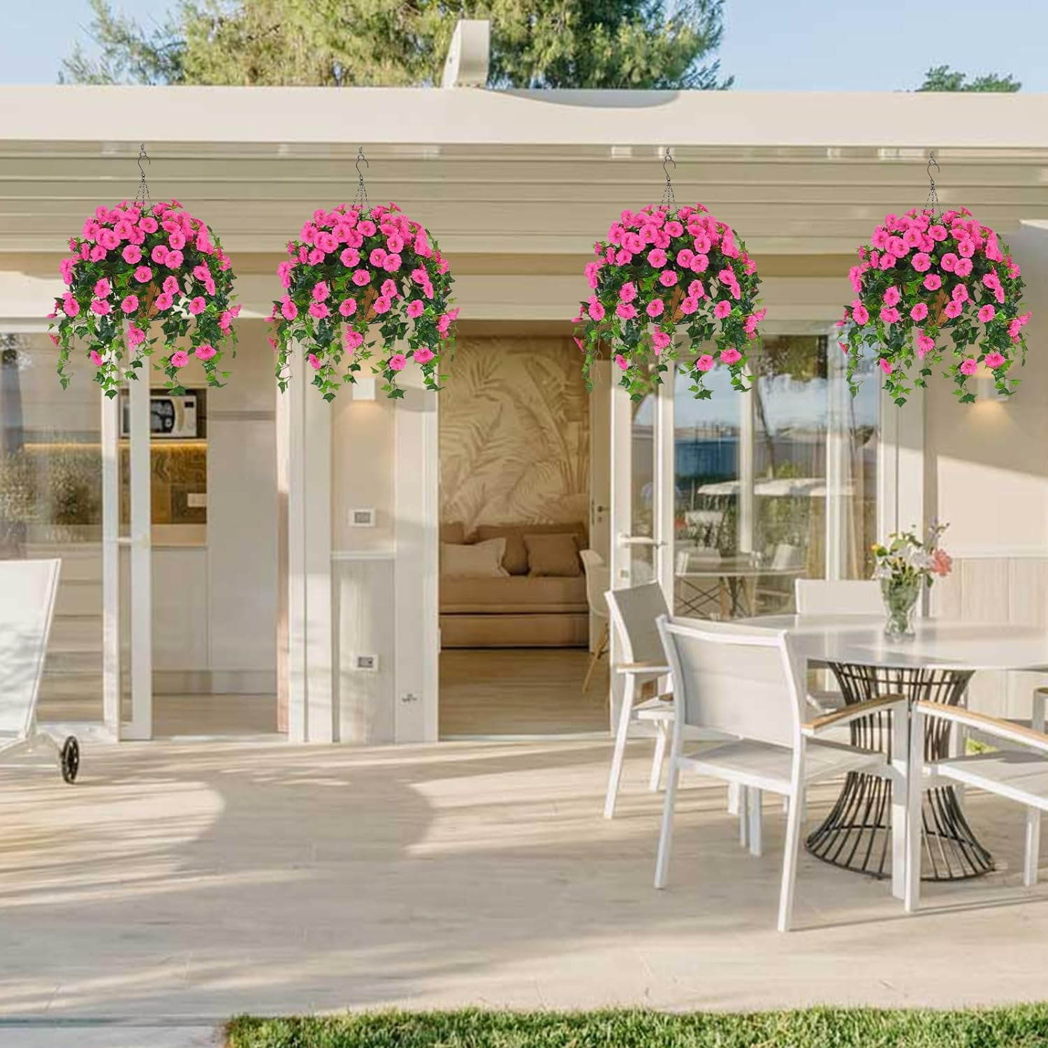 Artificial Hanging Plants Outdoors, Fake Hanging Flowers with Basket, Faux Vine Bougainvillea for Urn Fillers Front Porch Patio Outside Summer Decor (Purple)