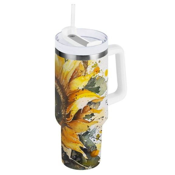JSTEL Sunflower Watercolor 40 oz Tumbler Stainless Steel Water Bottle Vacuum Insulated Cup with Straw Lid & Handle For Travel Car Cup Holder