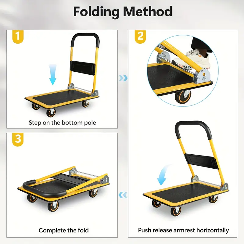 BEIMIMU Foldable Platform Truck, Push Dolly 330 LBS Weight Capacity, 360 Rolling, Folding Hand Truck for Luggage, Travel, Office, House (Yellow and Black) (28.7" x 19" x 32.5")