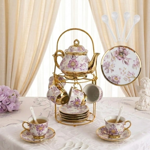 HDUTNGISN 20Pcs European Porcelain Tea Set,Saucers with Metal Holderfor Women,Purple
