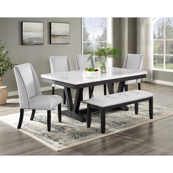 Black Gray 6Pc Dining Set White Faux Marble Table Upholstered Wing Back Chair Bench Furniture