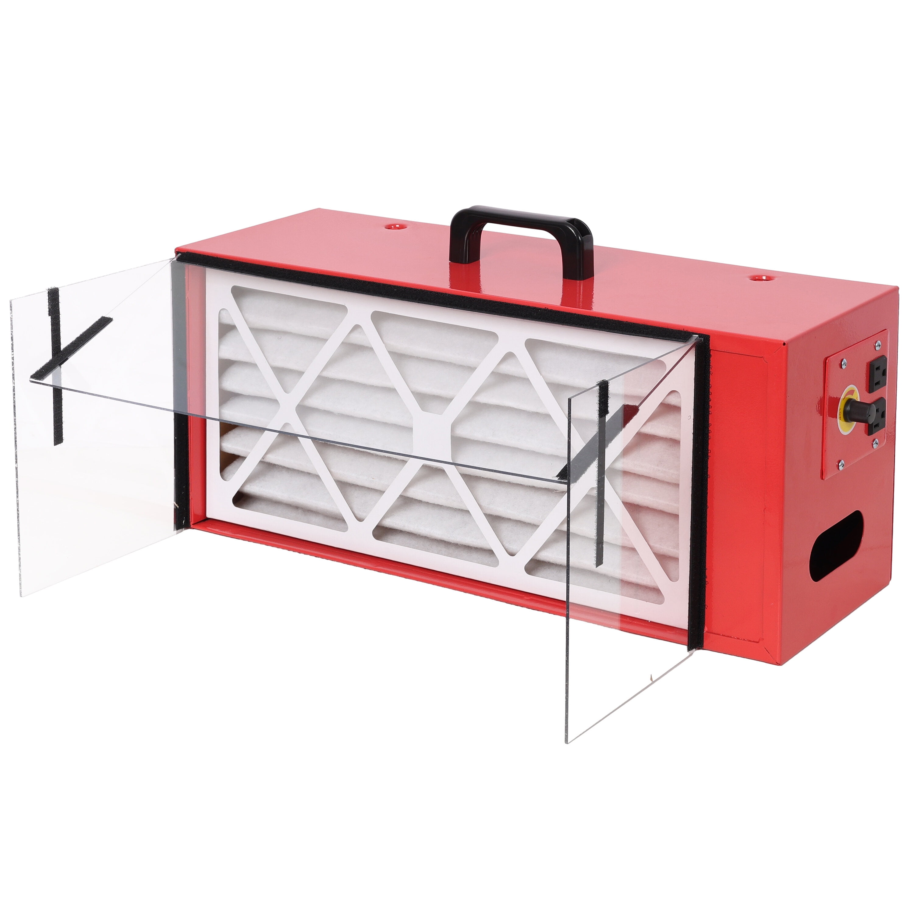 Portable tabletop dust collector,Maximum Air Flow 725CFM; Each fan runs on a 110V variable speed motor; Total Running Amps 1.29AMPS, Red color,