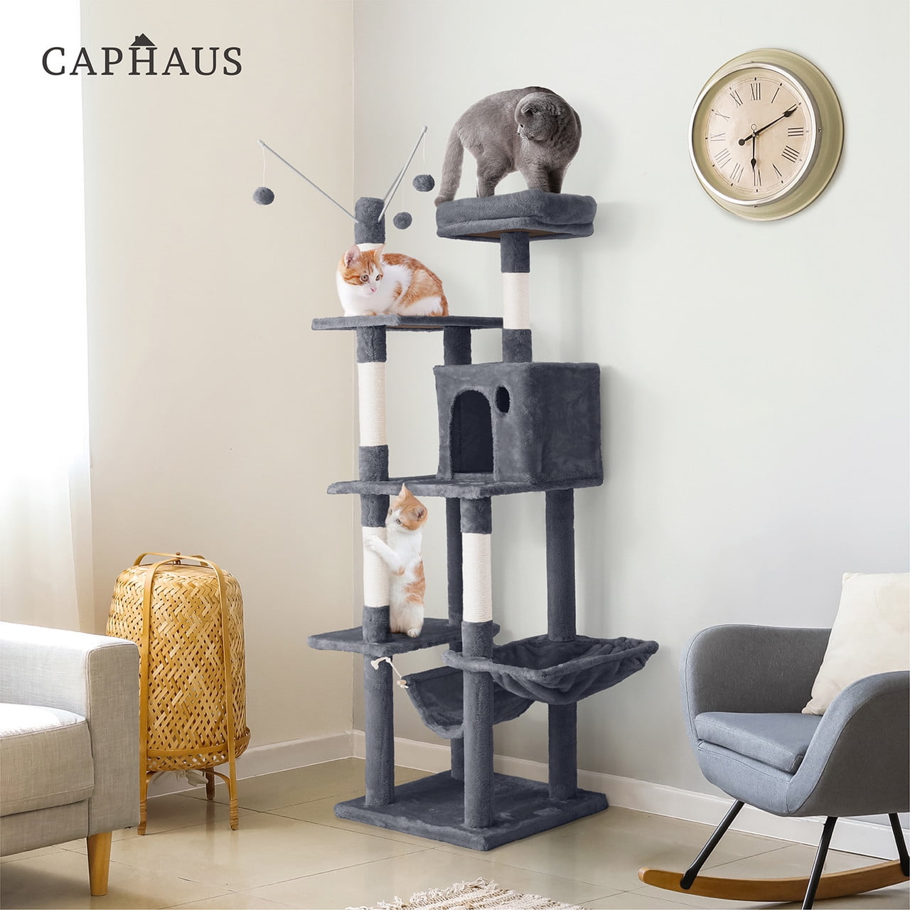 CAPHAUS Tall Cat Tree for Indoor Cats, Modern Cute 70-Inch Cat Climbing Play Tower with Top Perch for Large Cats Kittens, Multi-Level Cat Activity Tree w Scratching Posts, Hammock, Cat Cave Condo