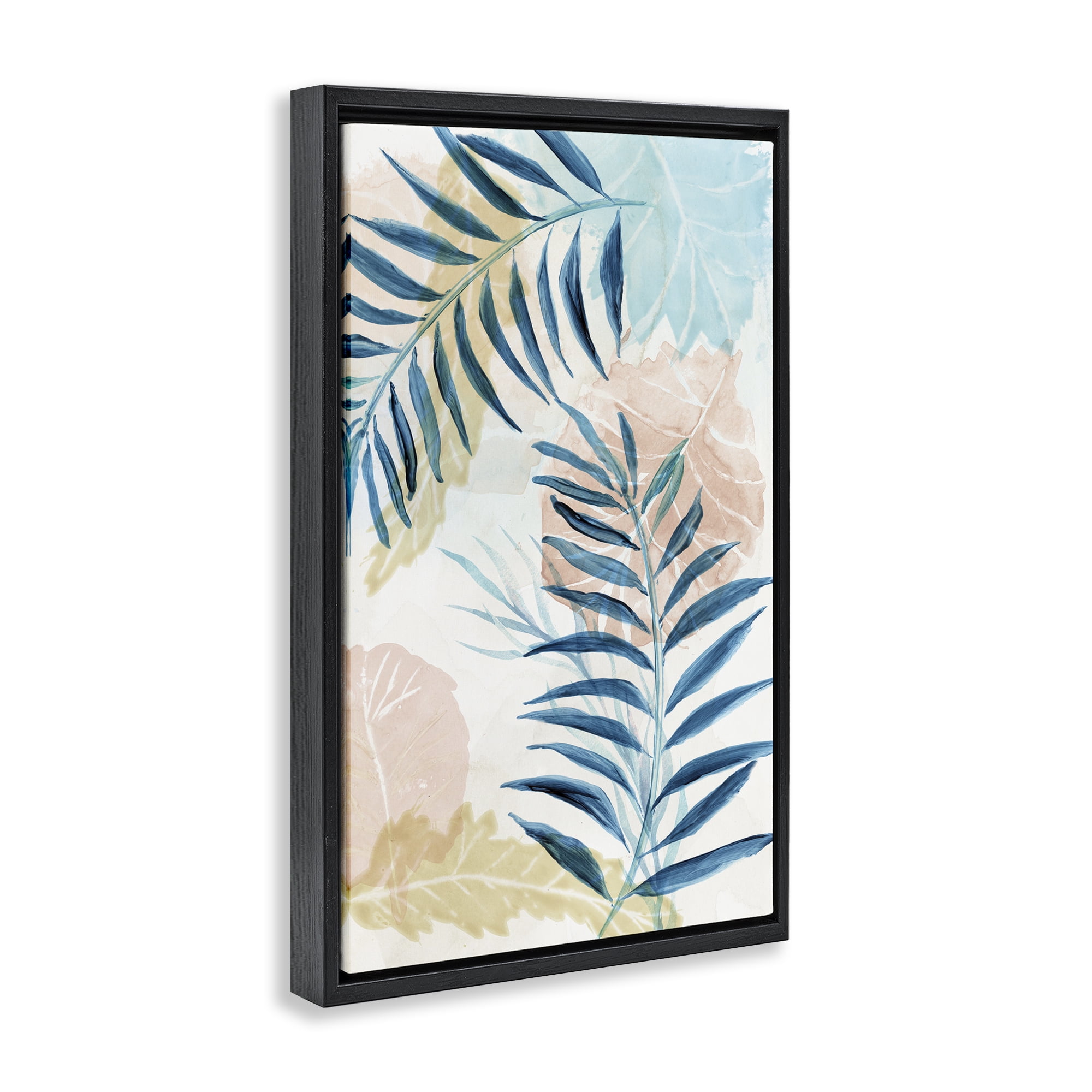 Stupell Industries Blue Palm Fronds in Pastel Haze Black Framed Floater Canvas Wall Art, design by Nan