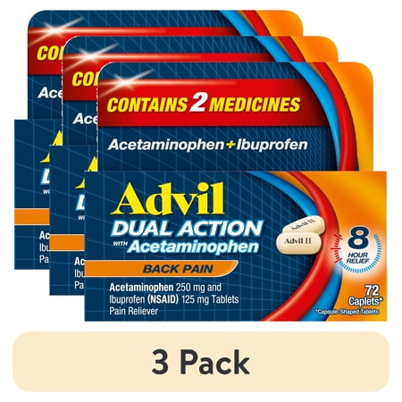 (3 pack) Advil Dual Action Pain Relievers for Back Pain Relief Caplets, 250Mg Ibuprofen and 500Mg Acetaminophen, 72 Count
