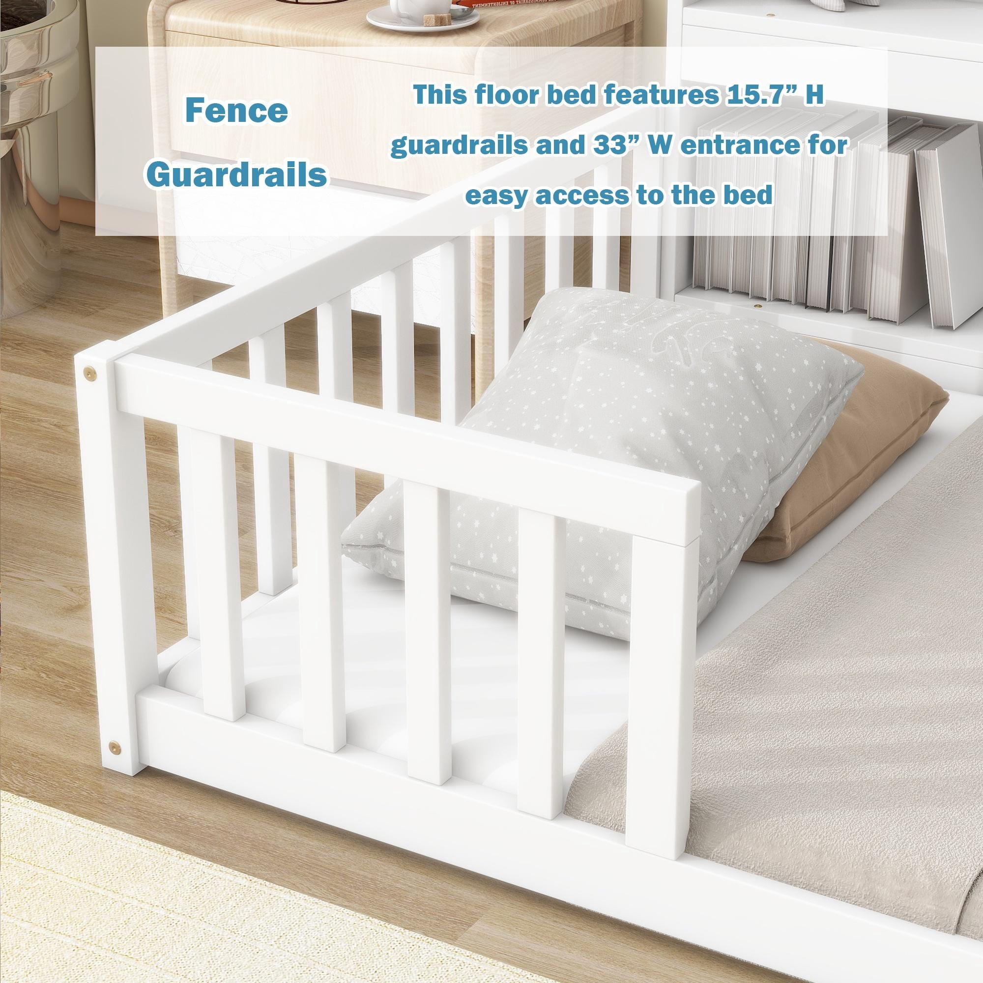 Bellemave Twin Size Floor Bed Frame with Fence and Bookcase Wood Floor Bed Low Montessori Bed Frame with Storage Shelves (Twin, White)