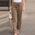 thumbnail image 3 of Cotton Linen Pants Women Lightweight Elastic Waist Belted Wide Straight Leg Loose Fit Lounge Pants Beach Trousers, 3 of 6
