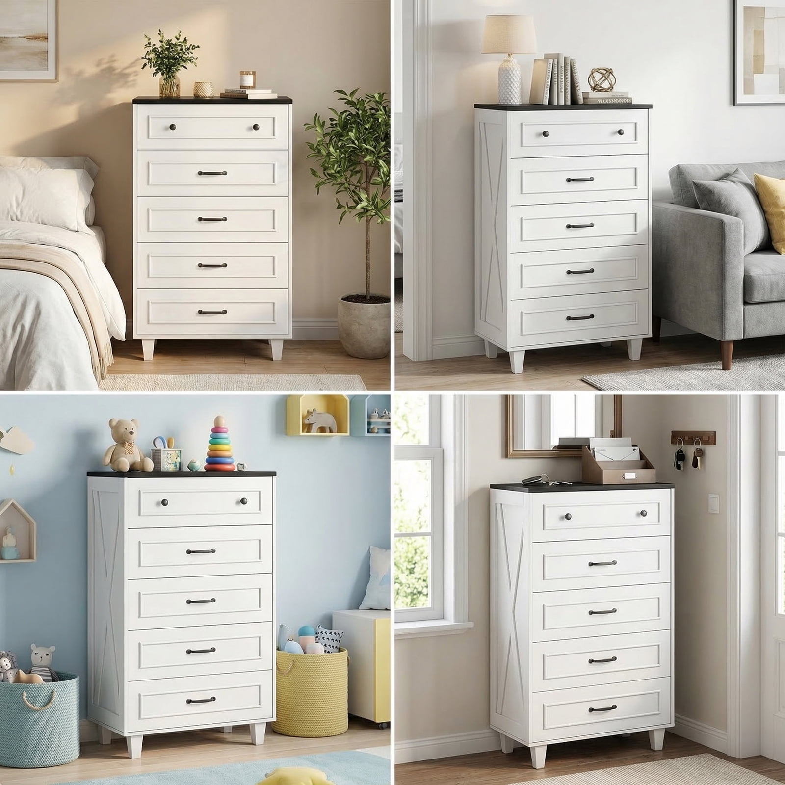 MARNUR 5 Drawer Dresser for Bedroom, Classic Farmhouse Tall Chest of Drawers, Storage Cabinet for Living Room Entryway, White & Black
