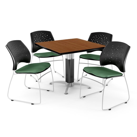 OFM Core Collection Breakroom Bundle, 42" Square Metal Mesh Base Multi-purpose Table in Cherry, 4 Stars Stacking Chairs in Shamrock Green (PKG-BRK-018-0001)
