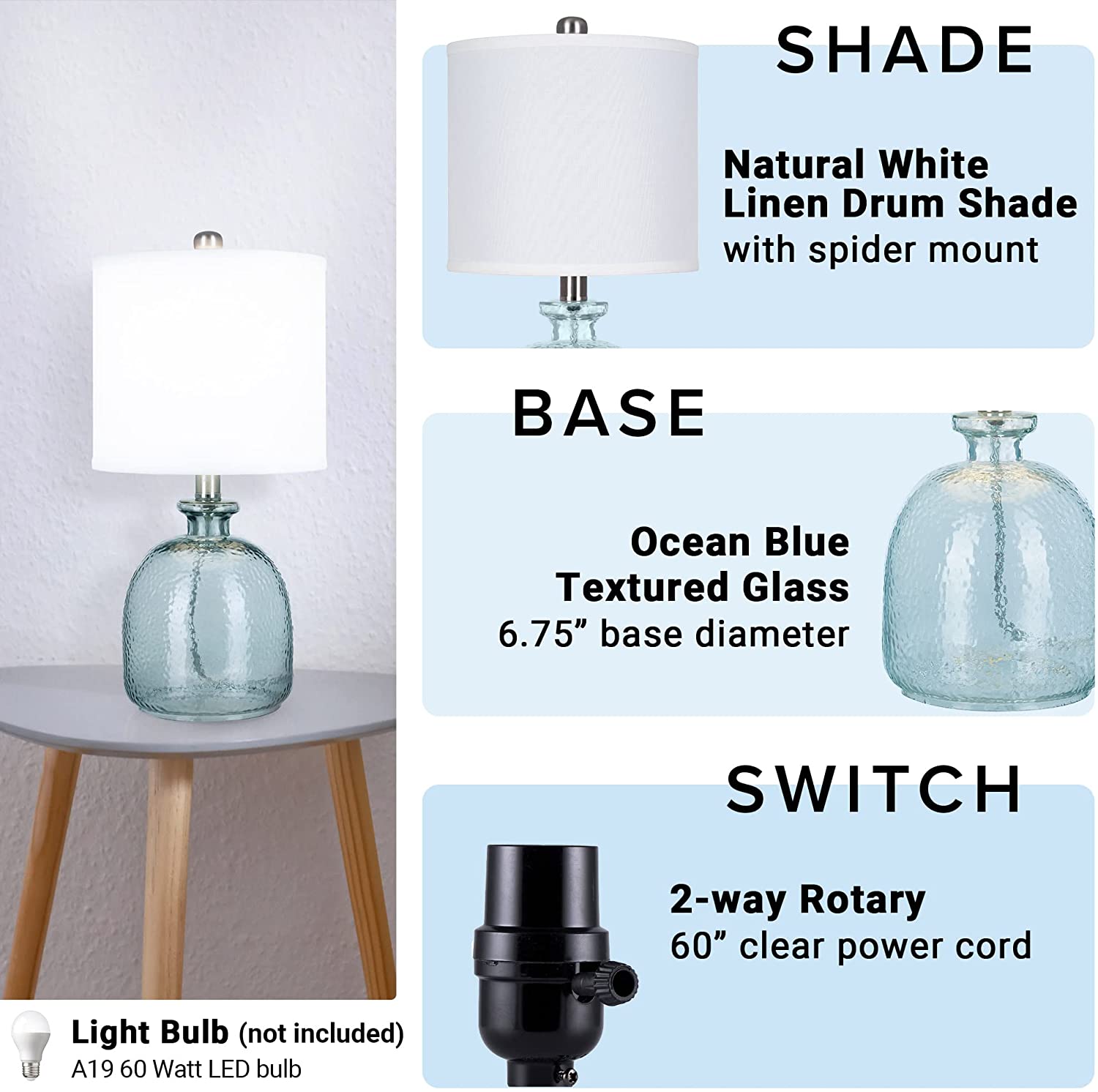 Catalina Lighting Oceana 18.25'' Table Lamp with White Fabric Drum Shade Coastal Table Light Fixture for Living Room, Bedroom or Office, Blue