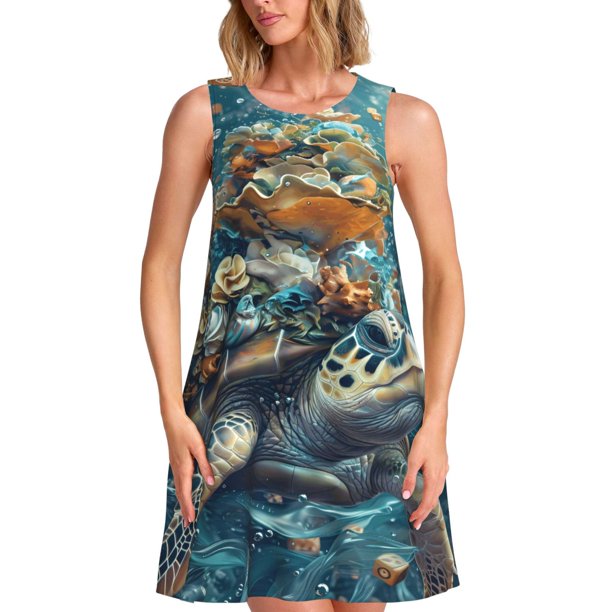Disketp Colorful Plant Turtle para Vestido sin Mangas para Mujeres, Vestidos de Verano para Mujeres, Casual y Holgado para la Playa