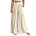 thumbnail image 3 of Women's Cotton Linen High Waist Tie Strap Pleated Wide Leg Pants, Elastic Waist Loose Pocket Resort Trousers, Soft Breathable Summer Bottoms for Travel Daily | TruHer,Beige L, 3 of 7