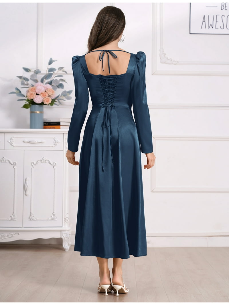 IDOPIP Women's Fall Floral Corset Dress Long Sleeve Satin Maxi Dress  Elegant Wedding Guest Dresses - Walmart.com