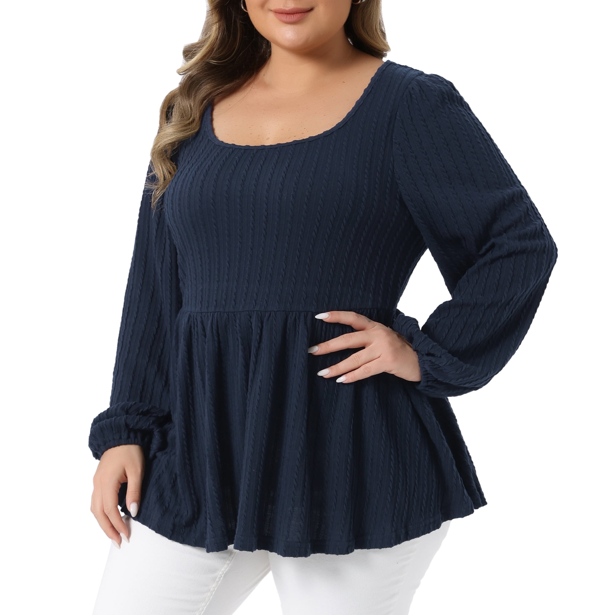 DARING DIVA Women's Plus Blouses Scoop Neck Ruffle Hem Peplum Knit Top 1X Dark Blue
