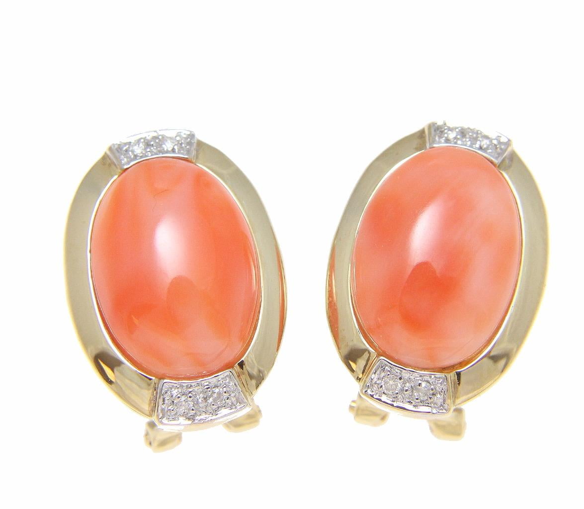 Genuine natural oval pink coral diamond earrings omega back 14k yellow gold by