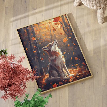 Majestic Wolf In Autumn Forest Sunlit Foliage Art Poster Enchanting Fall Wolf Art Wild Animal In The Woods Nature Print Poster Print Only