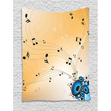 Music Tapestry, Abstract Artwork Melodies Flying Notes Speakers and Sound Illustration, Wall Hanging for Bedroom Living Room Dorm Decor, 40W X 60L Inches, Black Blue Sand Brown, by