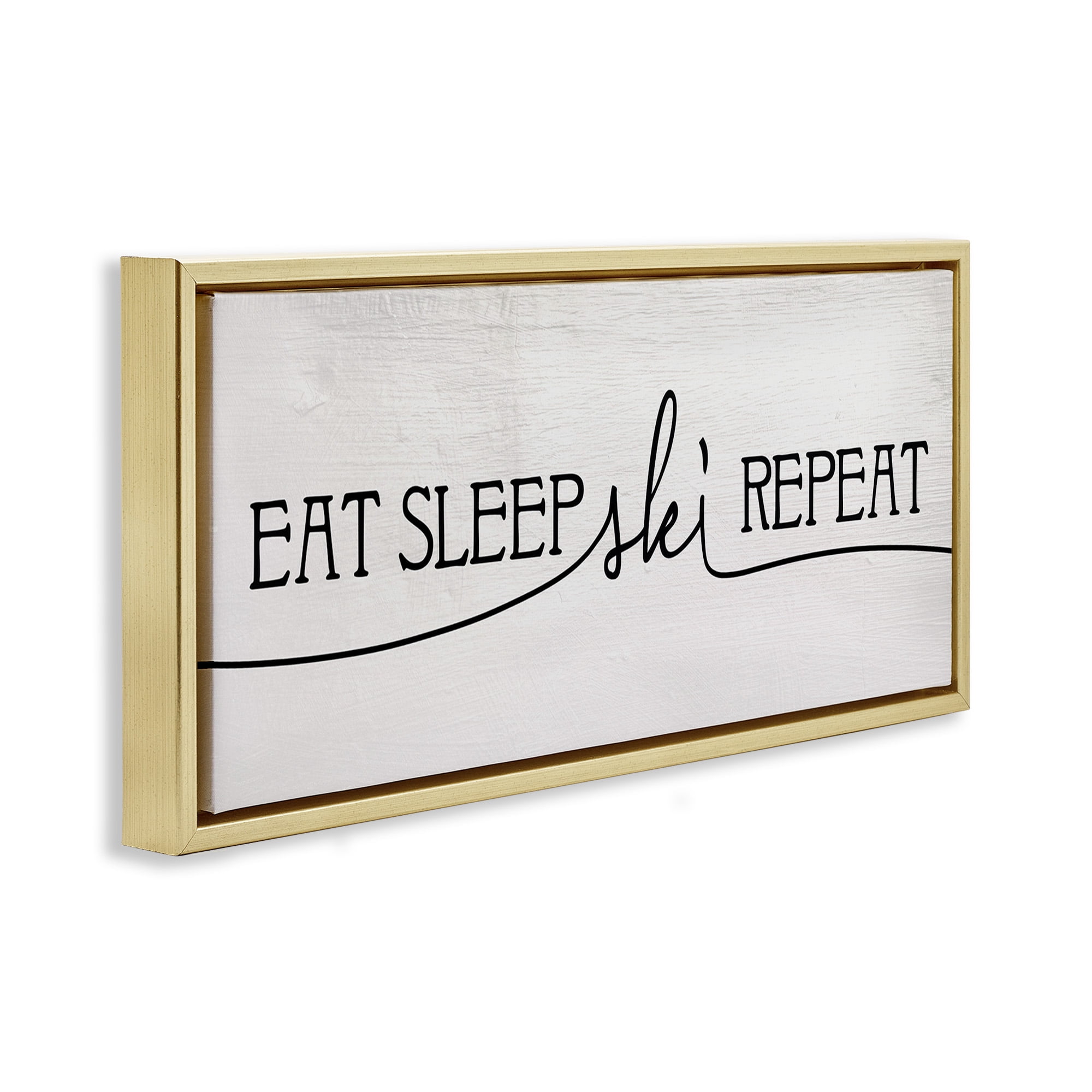Stupell Industries Eat Sleep Ski Repeat Phrase Typography Painting Gold Floater Framed Canvas Art Print Wall Art, 25 x 11