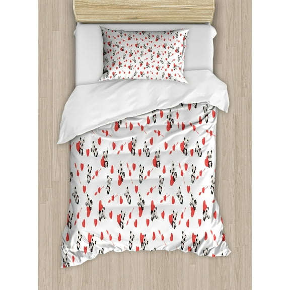 Love Duvet Cover Set Twin Size, Cute Panda Bear in Love Sitting with Vivid Heart Figures and Arrows Festive, Decorative 2 Piece Bedding Set with 1 Pillow Sham, Vermilion Beige Black, by Ambesonne