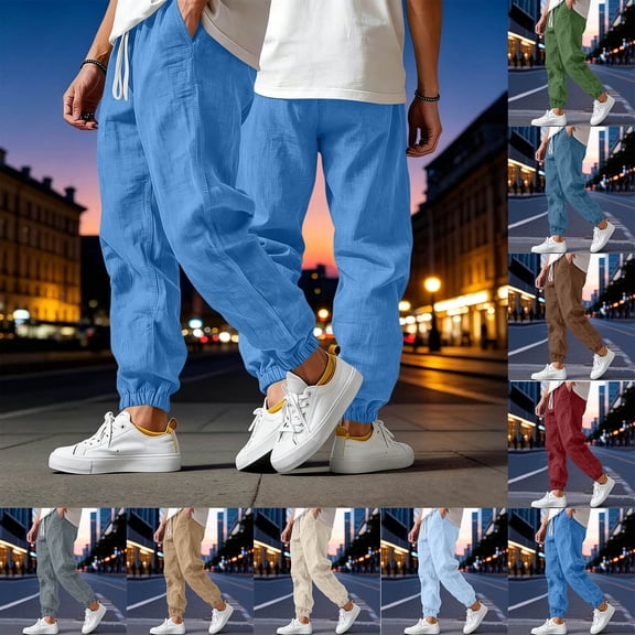 Hvogkswy Linen Pants Men Solid Drawstring Elastic Waist Joggers Loose Fitted Cuffed Pockets Lightweight Summer Travel Hiking Pants