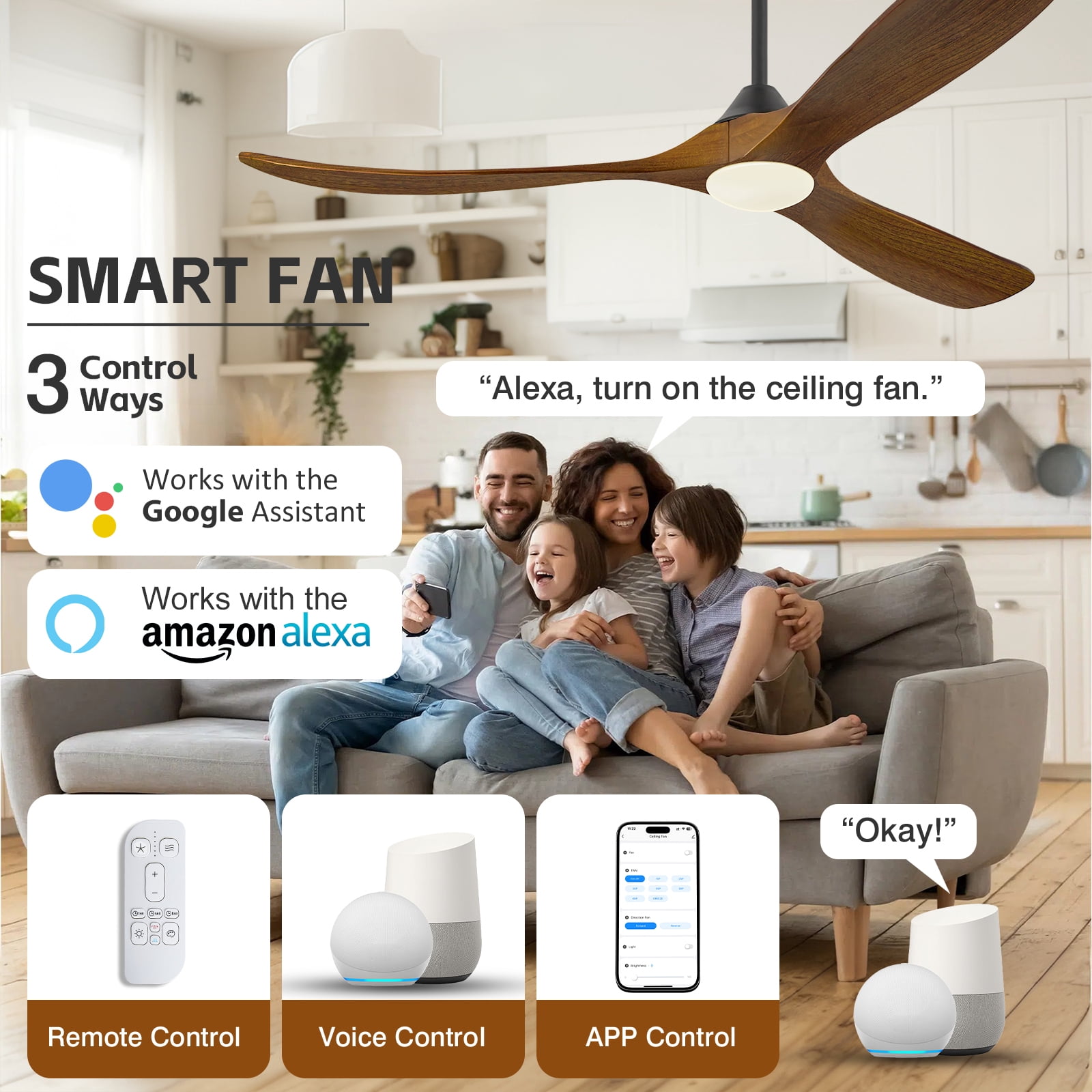 70 inch Large Outdoor Ceiling Fan with Light for Patio, 3 Blades Wooden Propeller Design, Rustic Farmhouse Style in Brown, Smart Remote/APP/Alexa Control, Indoor High CFM DC Motor for Big Living Room