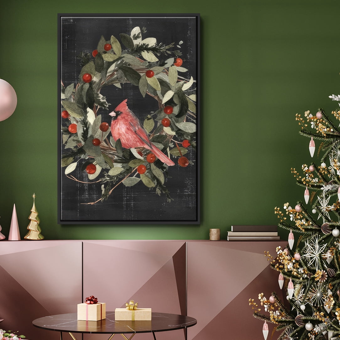 Christmas Cardinal I - Framed Gallery Wrapped Holiday Canvas - 25 x 37 - Black Frame