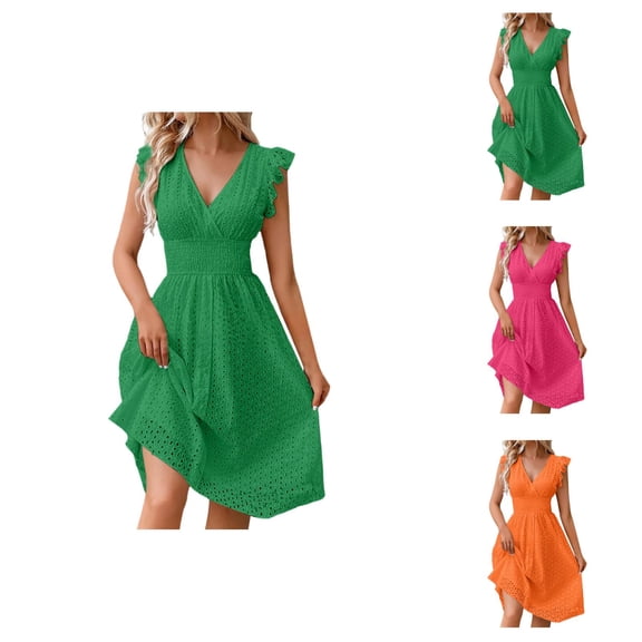 Sundresses for Women 2026 Trendy Ruffle Cap Sleeve Eyelet V Neck Smocked Waist A Line Flowy Midi Dress Summer Beach Dress