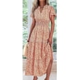 thumbnail image 4 of Summer for Women 2025 Casual V Neck Puff Short Sleeve Smocked Flowy Beach Boho Long Floral Maxi Dress Orange XXL, 4 of 7