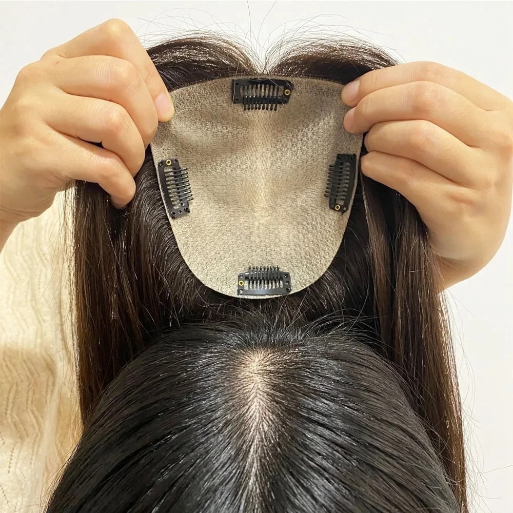 Hair Topper without Bangs Middle Part Straight Hair Topper Real Human Hair 15x16cm Silk Base Clip in Straight Hair Pieces for Women with Thinning Hair