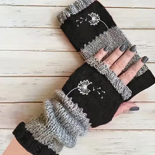 Embroidery Splicing Knitted Gloves Warm Gloves Fashion Leaky Finger Casual Women's Glove