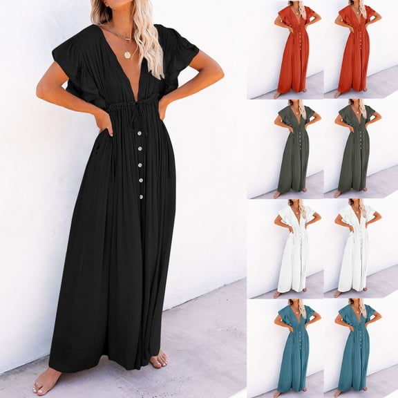 Qzwdhjm Women's Linen Swimsuits Cover Ups Cape Sleeve Deep V Neck Mini Dresses Button Down Ruffle Drawstring Waist Bikini Cover Up for Beach Vacation