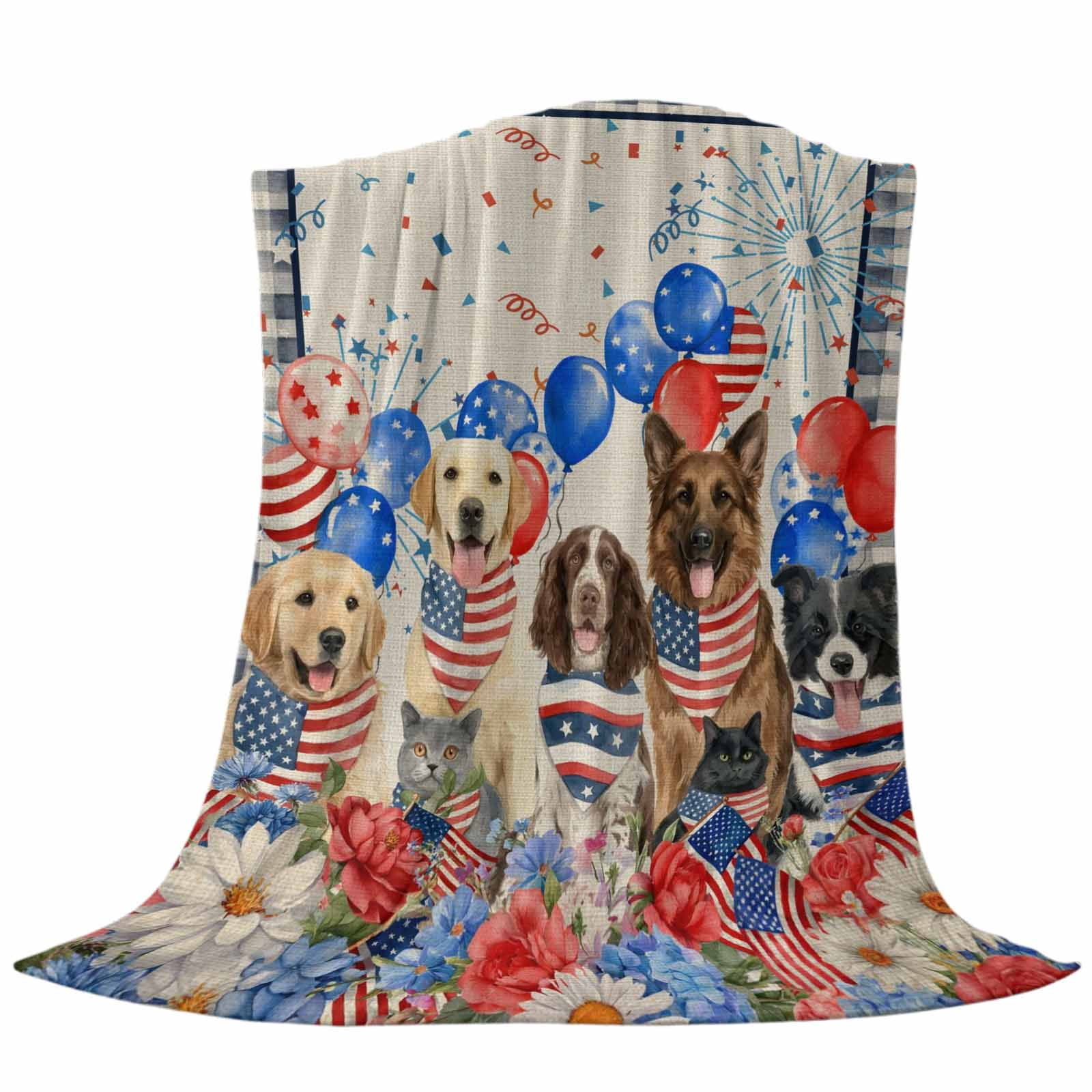 4th of July Dogs Blanket Soft Cozy Warm Throw Blanket for Couch, Plush Fuzzy Flannel Fleece Blankets for Sofa, Independence Day Floral Red Stars Beige Bed Blankets Lightweight Gifts for Men, 30"x40"