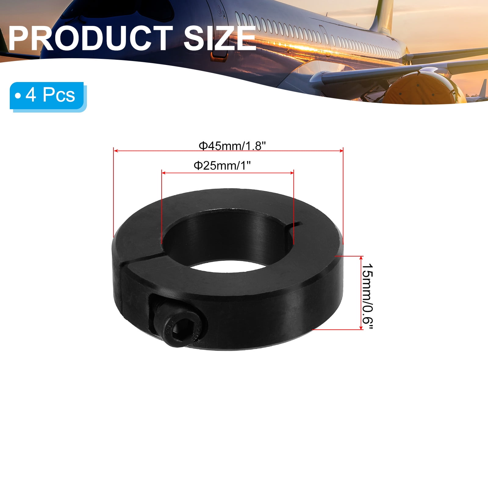 45#Carbon Steel Bore 25mm Single Split Shaft Collar 45mm OD 15mm Thickness with Set Screw, Black 4 Pack