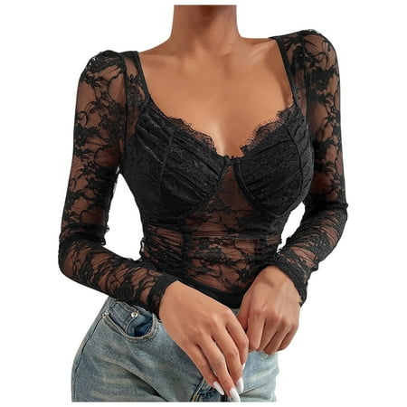 

DORKASM Women s Tummy Control Shapewear Long Sleeve Eyelash Lace Babydoll Bodysuit Sleepwear Teddy Sexy Snap Crotch Lingerie One Piece M
