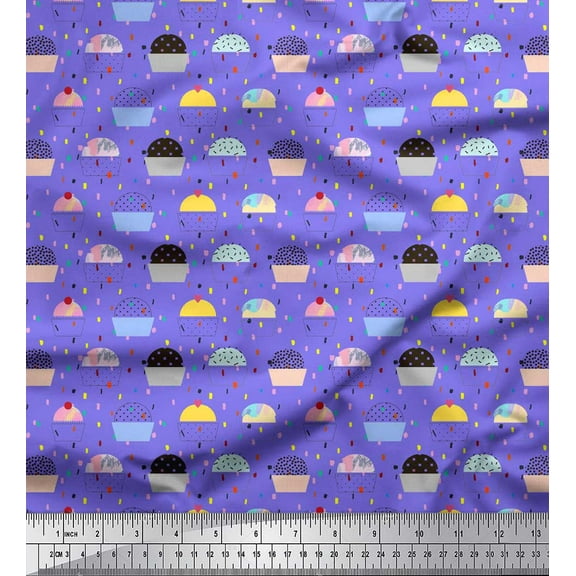 Soimoi Purple Cotton Voile Fabric Cupcakes Food Print Fabric by Yard 42 Inch Wide