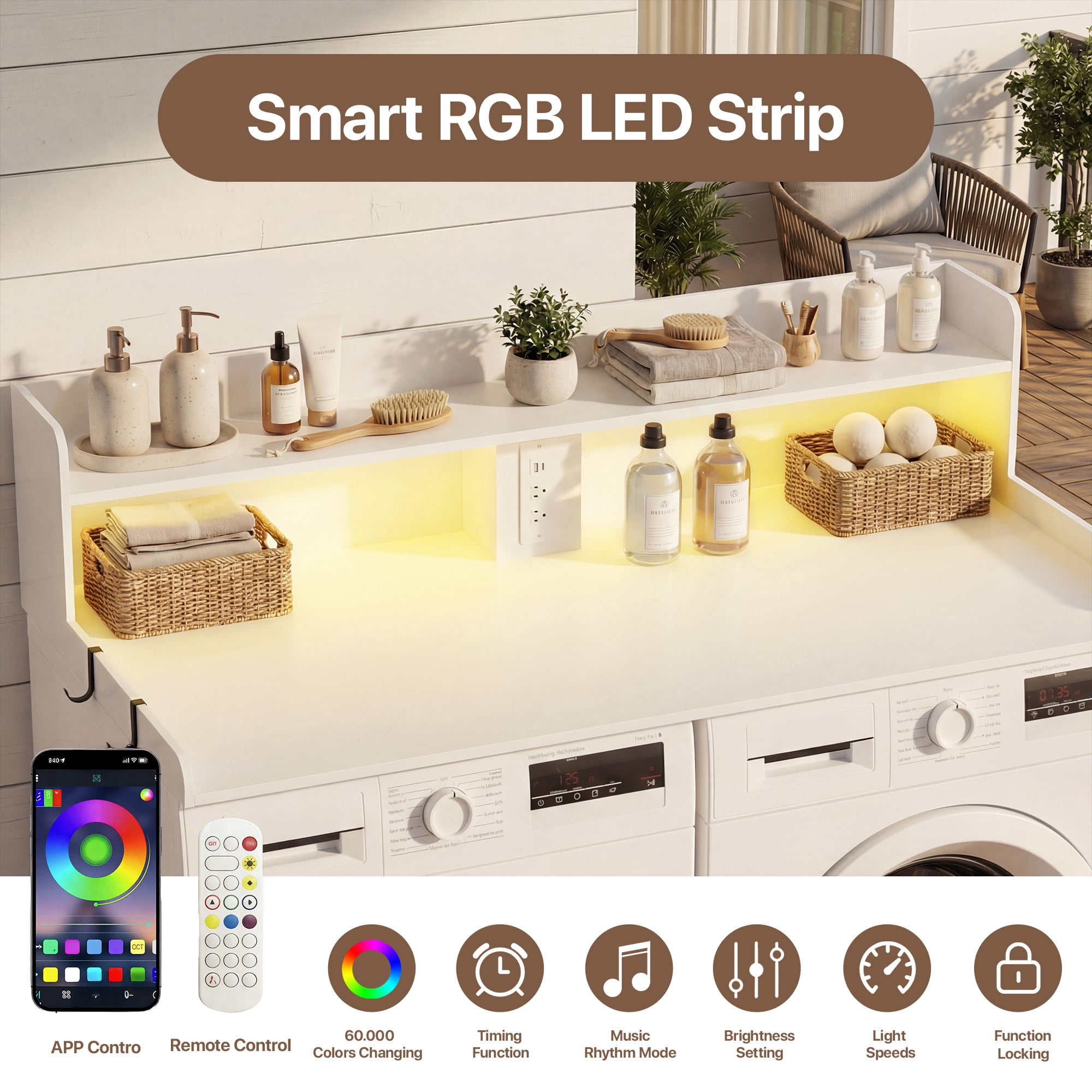 YDN 2-Tier Large Laundry Countertop with Power Outlet & LED Lights, 54" Washer Dryer Countertop for Laundry Room Organization,Washer and Dryer Topper W/ Storage Basket,Metal Hooks,Non-Slip Pad,White