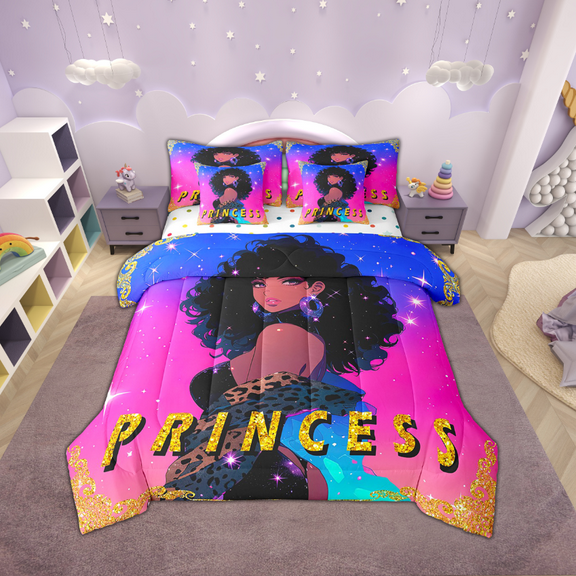 Black Woman Comforter Set 7 Piece Bed in a Bag Twin,American African Black Bedding Sets Afro Hair Princess Melanin Leopard Print Galaxy Sheet Set with Comforter