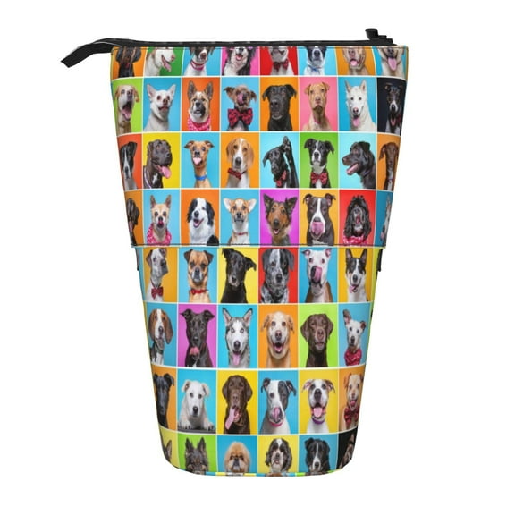 Lsque Cute Dogs Collage Pattern Telescopic Pencil Bag Pen Holder Stationery Case, Stand-up Retractable Transformer Bag Organizer