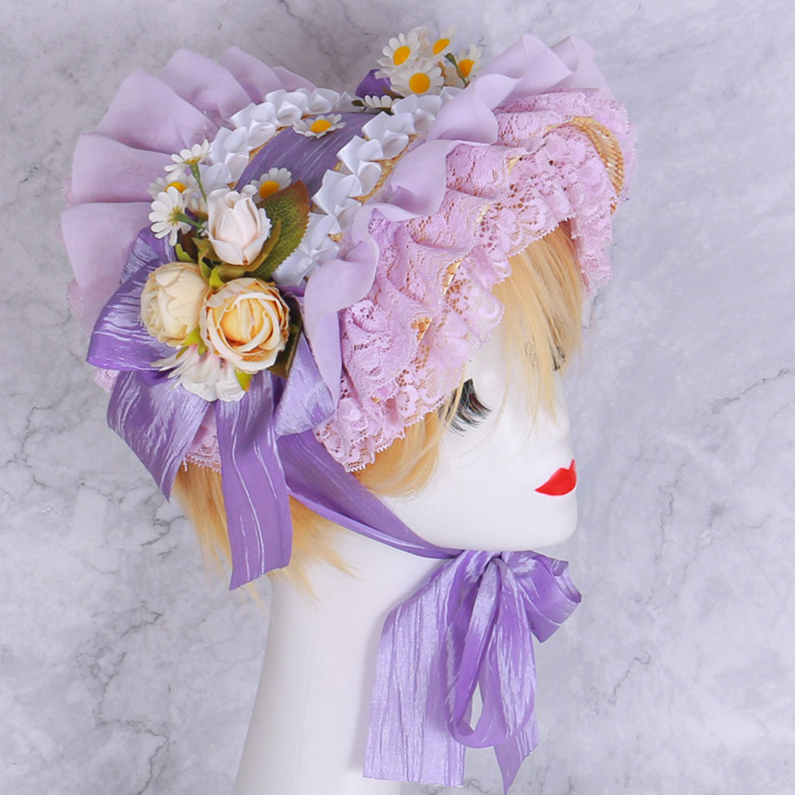 Lace Trim Flower Bonnet Hat For Cocktail Party Cosplay Costume Straw Sun Hat for Vacation Picnics and Formal Occasion