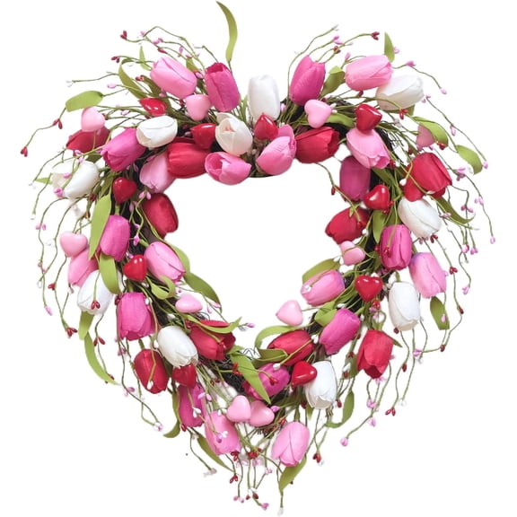 15 Inch Valentine's Day Wreath Artificial Valentines Wreath for Front Door, Pink Wreath with White Pink Red Tulip Berrys, Spring Home Decor for Wedding Holiday Window Wall Indoor Outdoor Decorations