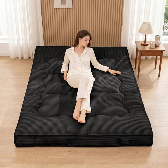 Extra Thick Futon Mattress - Japanese Floor Mattress for Adults, Portable Foldable Sleeping Pad for Guest, Camping, Dorm,Futon Mattress Twin Size with Storage Straps, Black