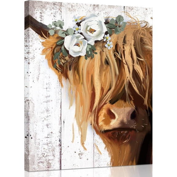 WFSposter Highland Cow Canvas Wall Art: Cow with White Flower Picture Farmhouse Cow Decor Framed Poster for Bedroom Living Room Home Office 11 x 14"