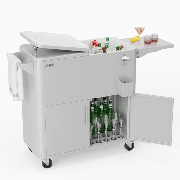IVV 80Qt Cooler Cart on Wheels, Portable Outdoor Beverage Cooler with Storage Cabinet, Foldable Side Table, Bottle Opener and Cap Collector, for Summer BBQs, Cookouts and Tailgates, Light Gray
