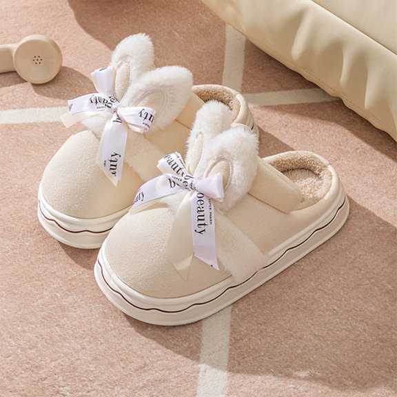 Weloille Suede Cotton Slippers Winter Home Rabbit Bow Cute Thick Bottom Indoor Floor Non-slip Cotton Shoes Padded Thickened Warm Cotton Slippers