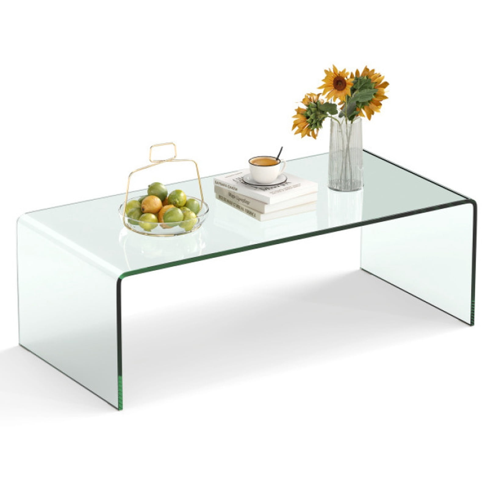 Furnibear Clear Glass Coffee Table, 42.5 Inch Rectangle Tempered Glass Coffee Table with Rounded Edges for Living Room, Transparent