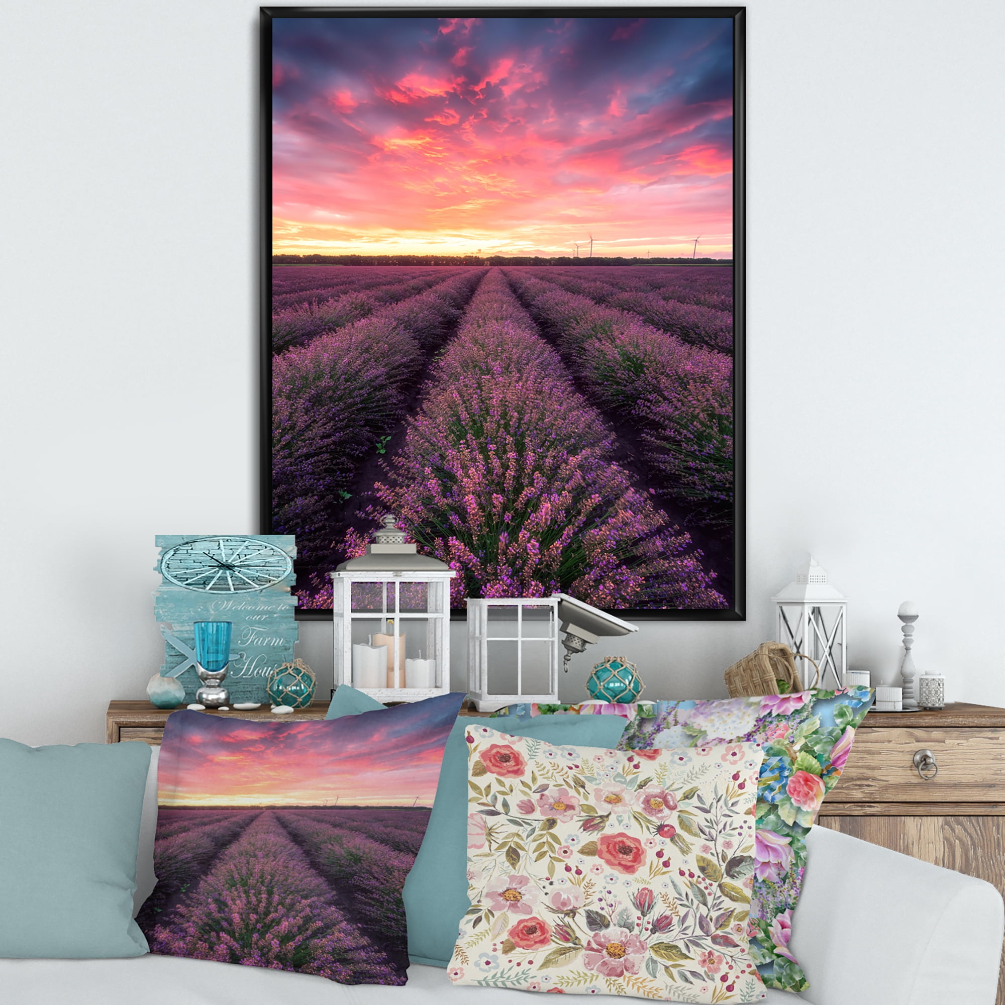 Designart 'Dramatic Clouds and Sunrise Over Lavender Field XIV' Farmhouse Framed Canvas Wall Art Print