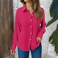 thumbnail image 2 of Casual Women's Long Sleeve Gauze Shirts, Relaxed Fit Round Neck Button Down Blouses for Spring Summer, Crinkle Collared Work Dress Tops, Easy Care Solid Color Everyday Wear, 2 of 5